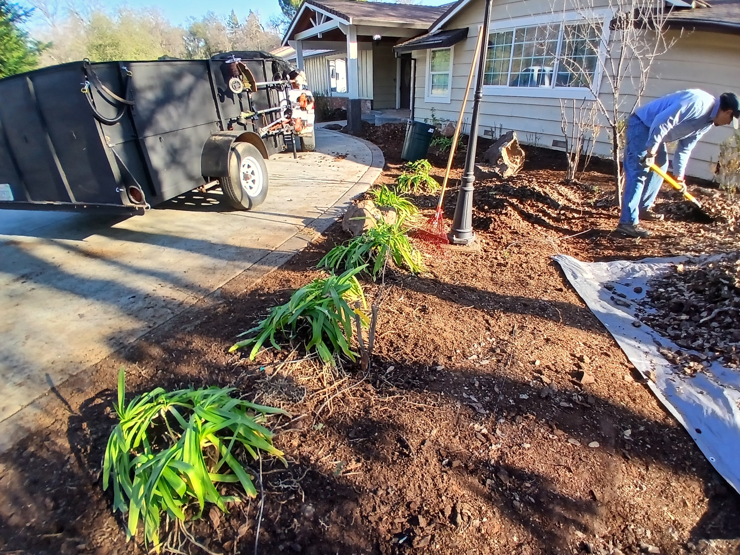 CX Lawn crew raking and prepping garden beds