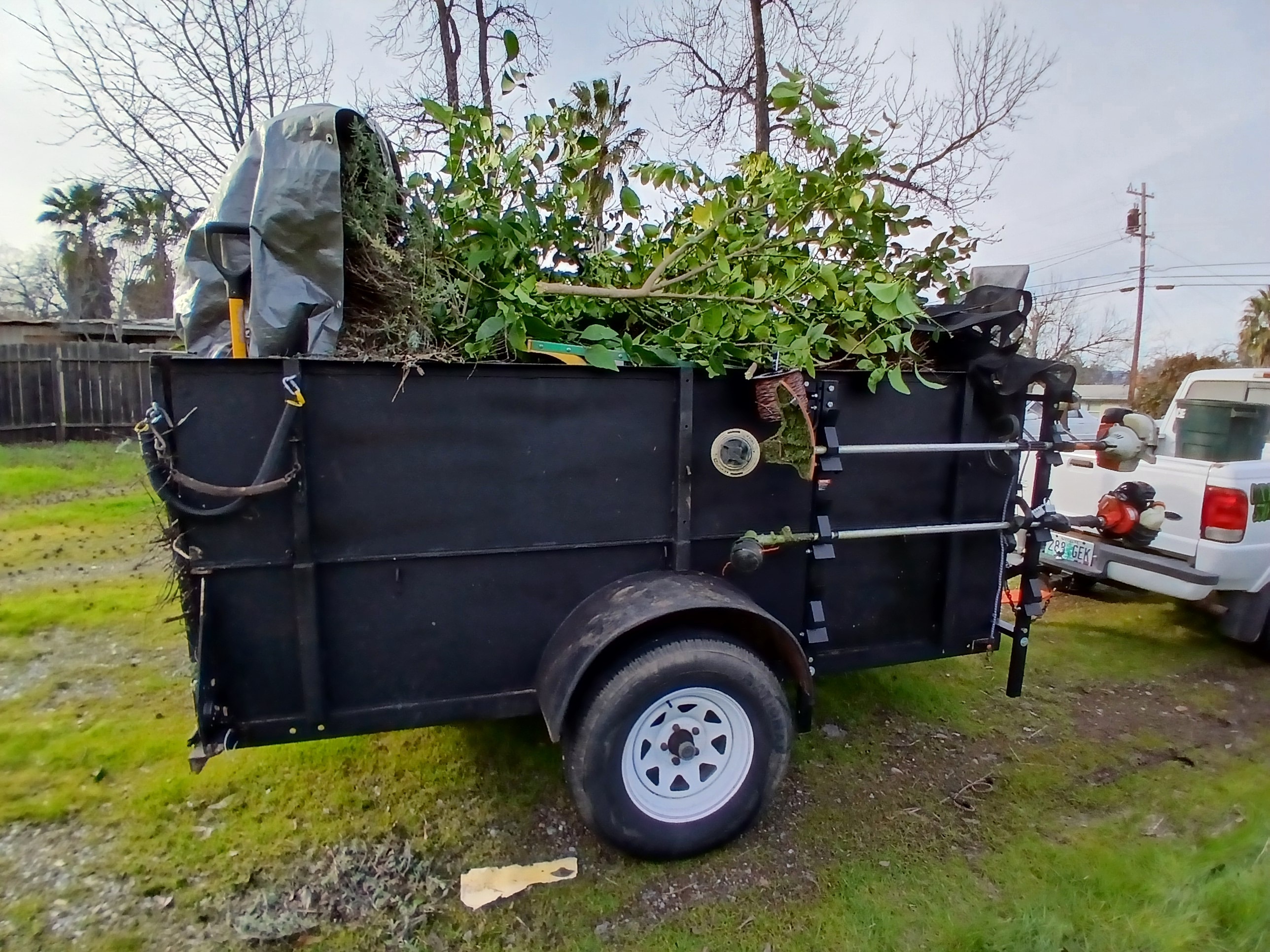 CX Lawn trailer loaded with brush and yard debris after cleanup